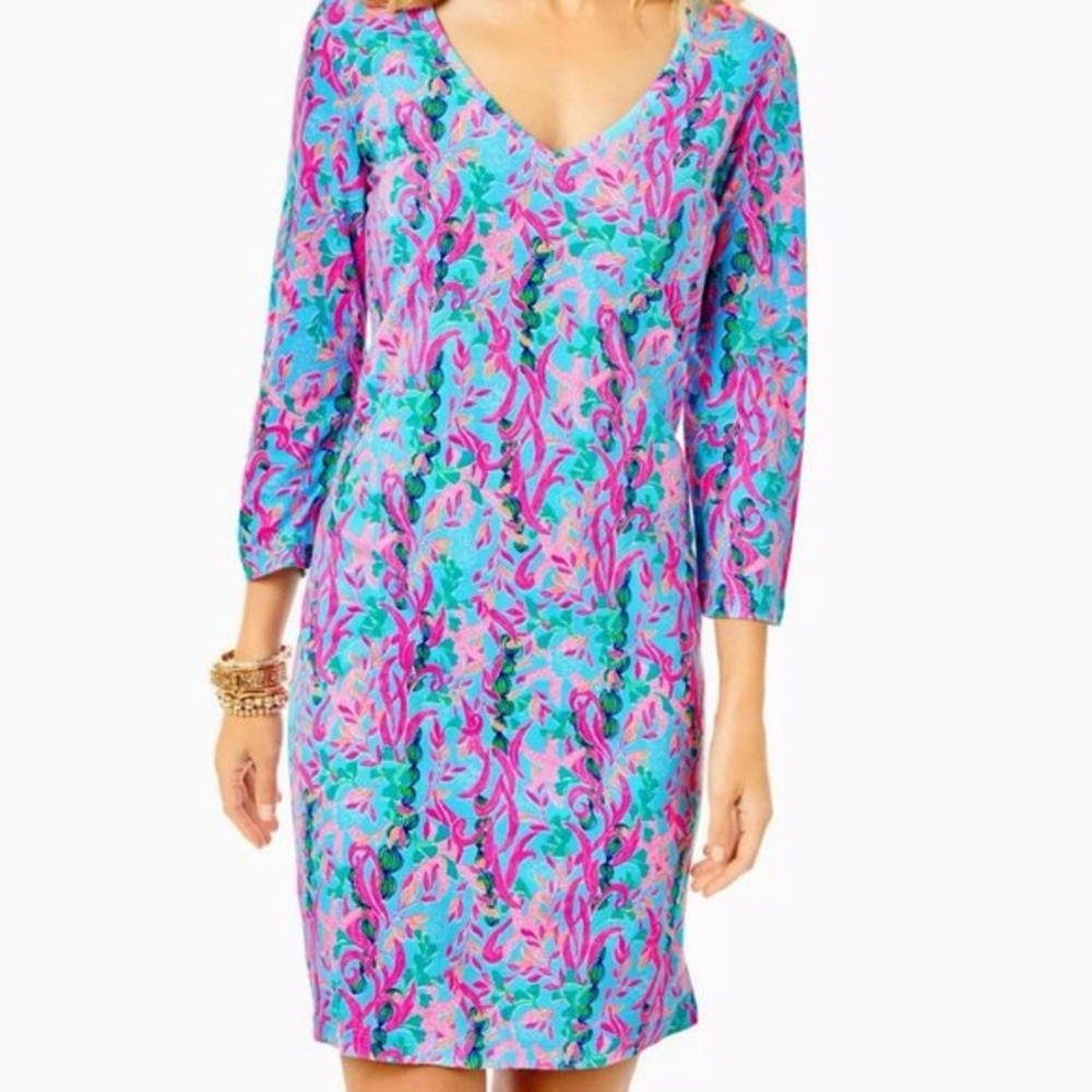 $8 SALE! LILLY PULITZER: Tessa 3/4 Sleeve Dress; Multi Seaweed Samba, Medium